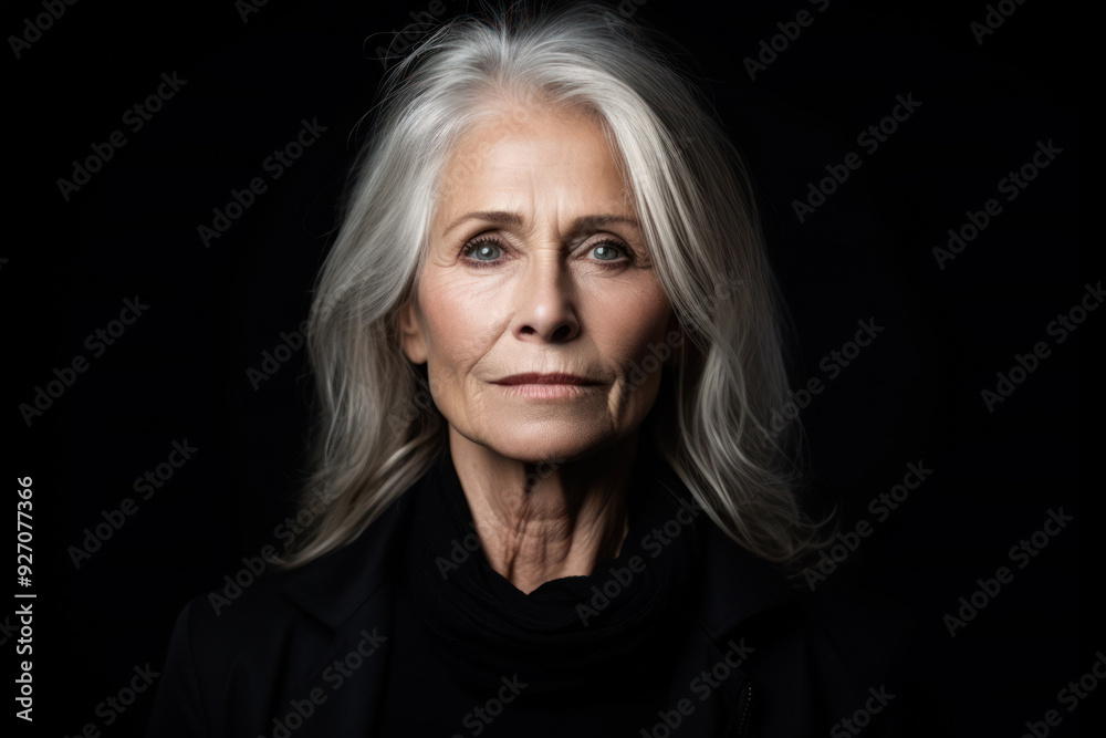 A strong middle-aged woman against a dark background, radiating confidence and resilience, symbolizes inner strength and independence A strong middle-aged woman against a dark background, radiating confidence and resilience, symbolizes inner strength and independence