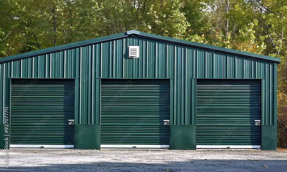 Green metal building with three garage doors. Green metal building with three garage doors.