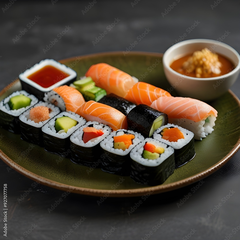 Plate of sushi with assorted rolls and dipping sauces Plate of sushi with assorted rolls and dipping sauces