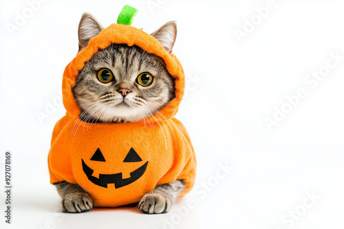 Funny cat wearing Halloween pumpkin costume, white background