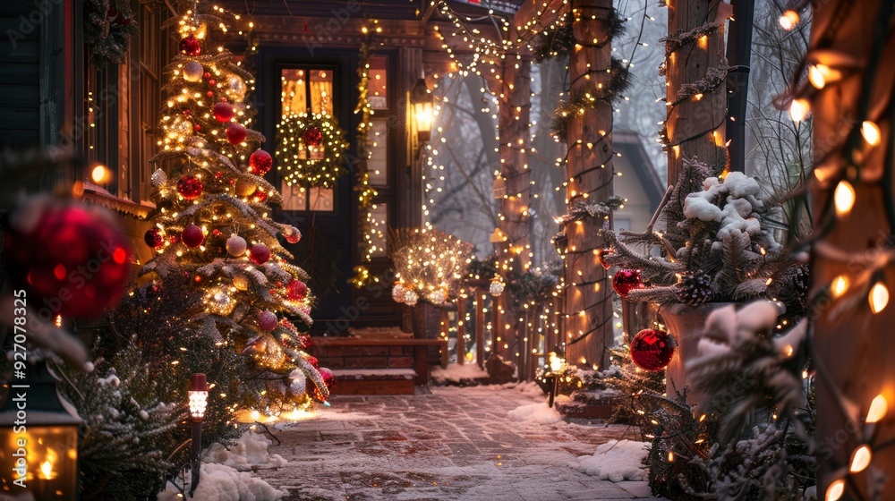 Fototapeta premium Charming Outdoor Christmas Display with Twinkling Lights, Decorated Tree, and Festive Lanterns