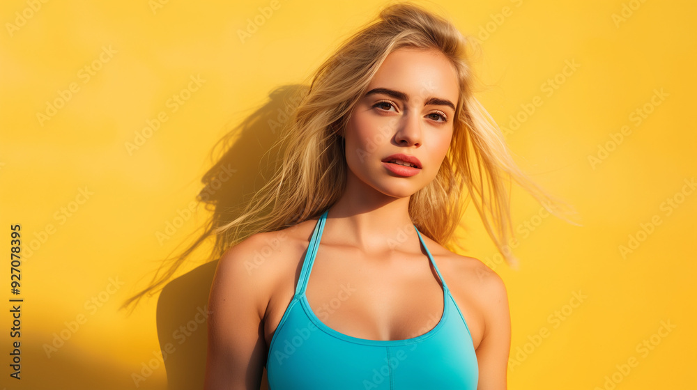 A fit blonde woman in a blue sports bra against a vibrant yellow background. Symbolizes strength, fitness, and a positive attitude towards health. Generative AI. A fit blonde woman in a blue sports bra against a vibrant yellow background. Symbolizes strength, fitness, and a positive attitude towards health. Generative AI.