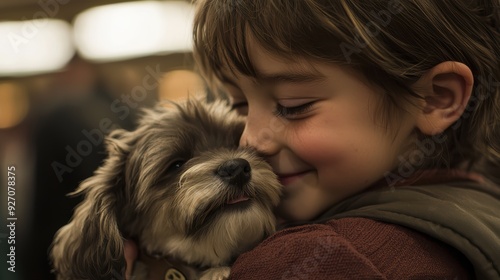 A joyful child embraces small dog, showcasing heartwarming bond filled with love and affection. childs smile radiates happiness as they cuddle furry companion.  photo