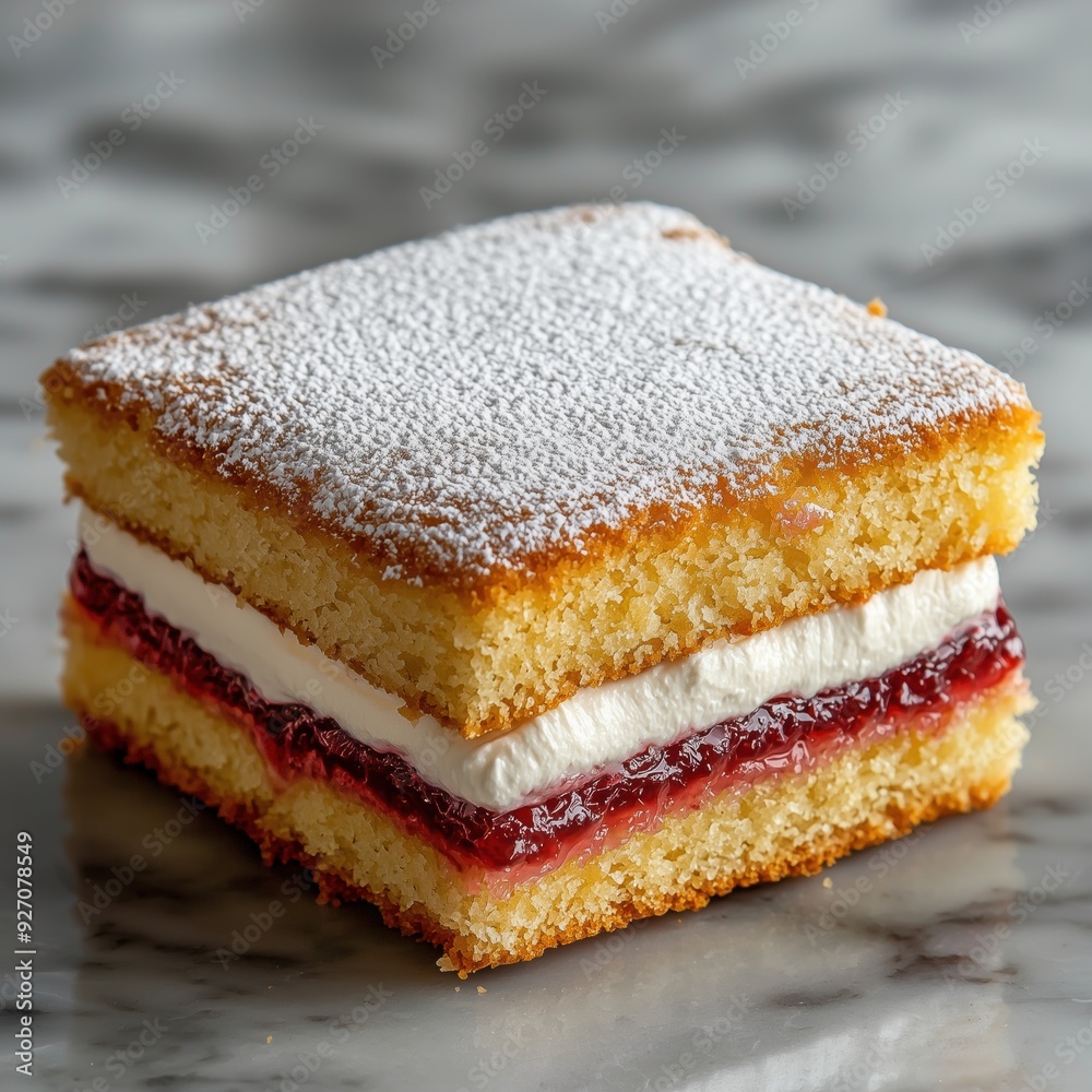 Delicious Victoria Sponge Cake with Strawberry Jam and Cream Filling | Light and Airy Texture | Golden-Brown Crust | Top View of Classic British Dessert with Powdered Sugar Dusting Delicious Victoria Sponge Cake with Strawberry Jam and Cream Filling | Light and Airy Texture | Golden-Brown Crust | Top View of Classic British Dessert with Powdered Sugar Dusting