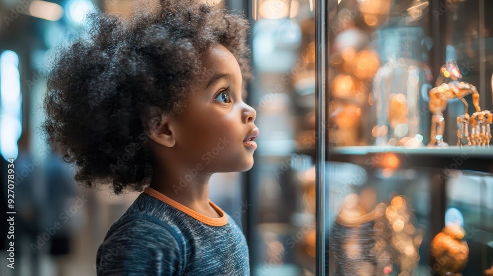A curious child gazes in wonder at display of shiny objects, showcasing sense of awe and fascination. A curious child gazes in wonder at display of shiny objects, showcasing sense of awe and fascination.