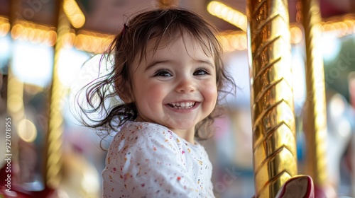 A joyful little girl smiles brightly while riding carousel, radiating happiness and excitement. Her playful expression captures essence of childhood joy. 