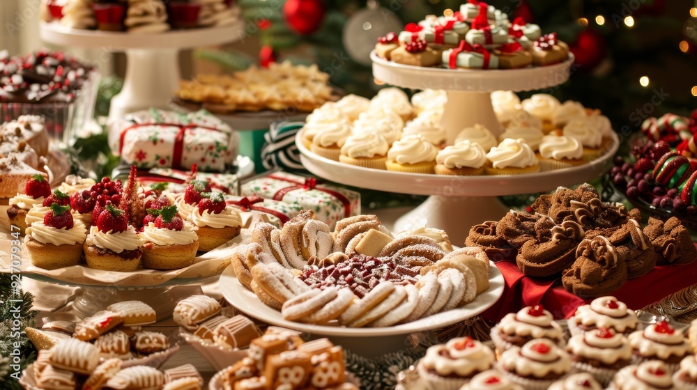 Fototapeta premium Festive Christmas Dessert Table with Assorted Holiday Treats, Cookies, Cakes, and Candies