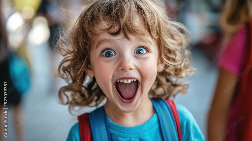 A joyful child with curly hair expresses excitement and happiness, showcasing big smile. vibrant atmosphere adds to cheerful mood. A joyful child with curly hair expresses excitement and happiness, showcasing big smile. vibrant atmosphere adds to cheerful mood.