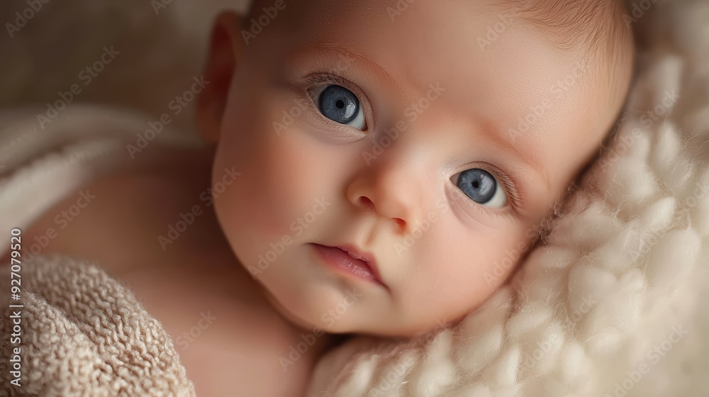 A serene baby with captivating blue eyes gazes softly, wrapped in cozy blanket, evoking feelings of warmth and tenderness. A serene baby with captivating blue eyes gazes softly, wrapped in cozy blanket, evoking feelings of warmth and tenderness.