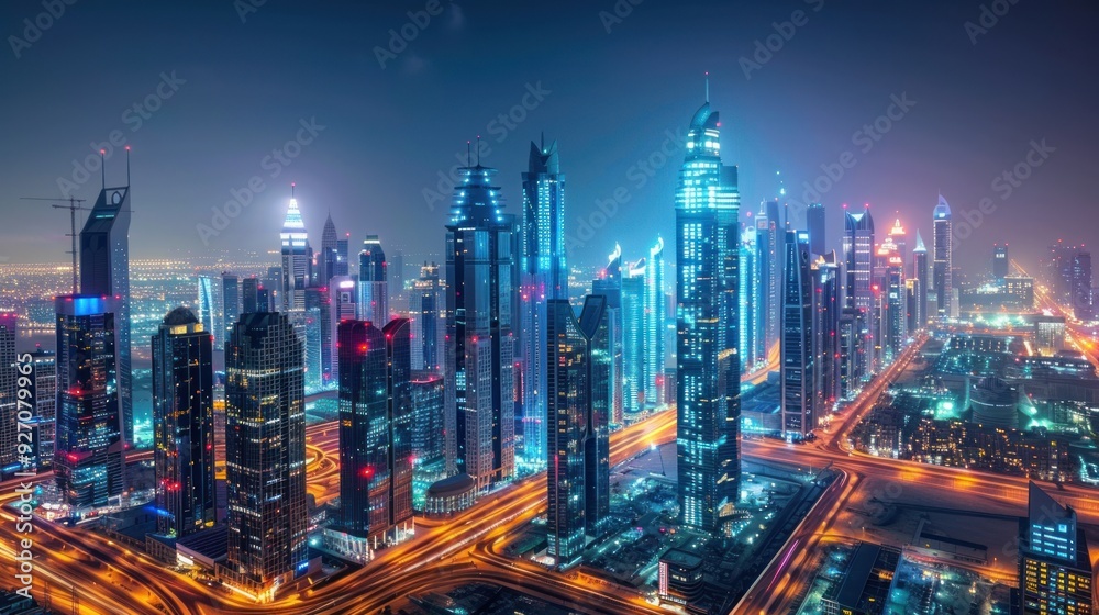 Obraz premium High angle view of skyscrapers in the financial and business district at night with lights in a modern big city.