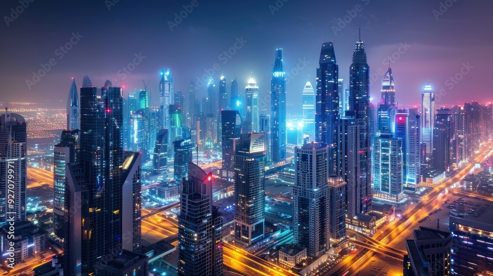 Fototapeta premium High angle view of skyscrapers in the financial and business district at night with lights in a modern big city.