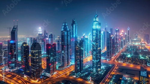 High angle view of skyscrapers in the financial and business district at night with lights in a modern big city.