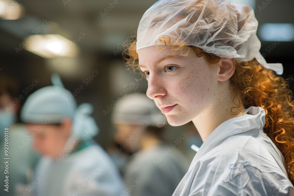 Young redhead woman wearing a white lab coat and a hairnet looking away with a serious expression. Young redhead woman wearing a white lab coat and a hairnet looking away with a serious expression.