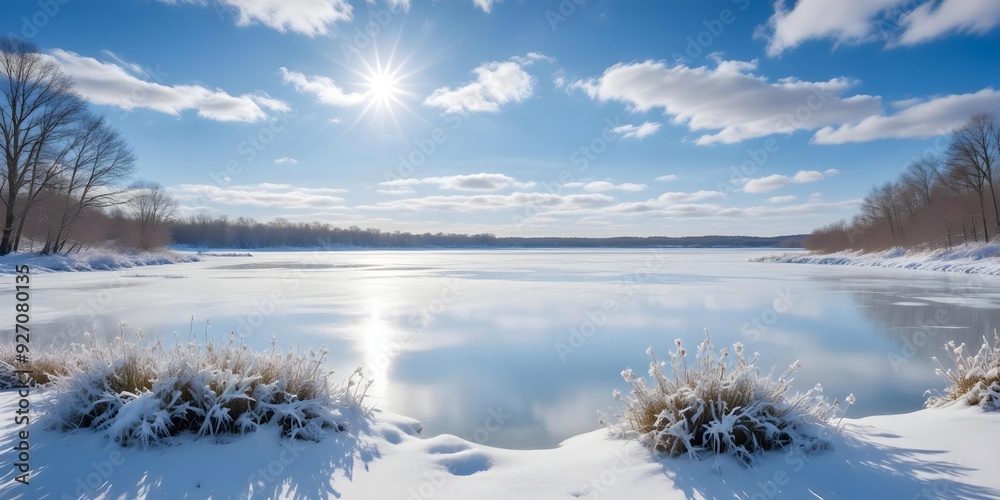 Bright sky blue background filled with wispy clouds, radiant sunlight casting shadows over a sunny winter day, showcasing a landscape of frozen lakes and scattered snowdrifts, with a hint of spring Bright sky blue background filled with wispy clouds, radiant sunlight casting shadows over a sunny winter day, showcasing a landscape of frozen lakes and scattered snowdrifts, with a hint of spring