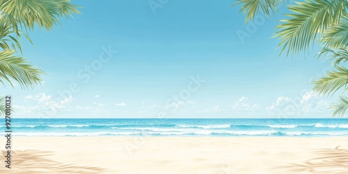 Scenic seascape with a sandy beach and gentle waves, framed by exotic palm leaves and a clear blue sky, perfect for a tranquil tourist resort