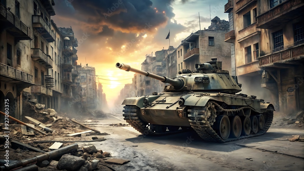 Tank in a War-Torn City.