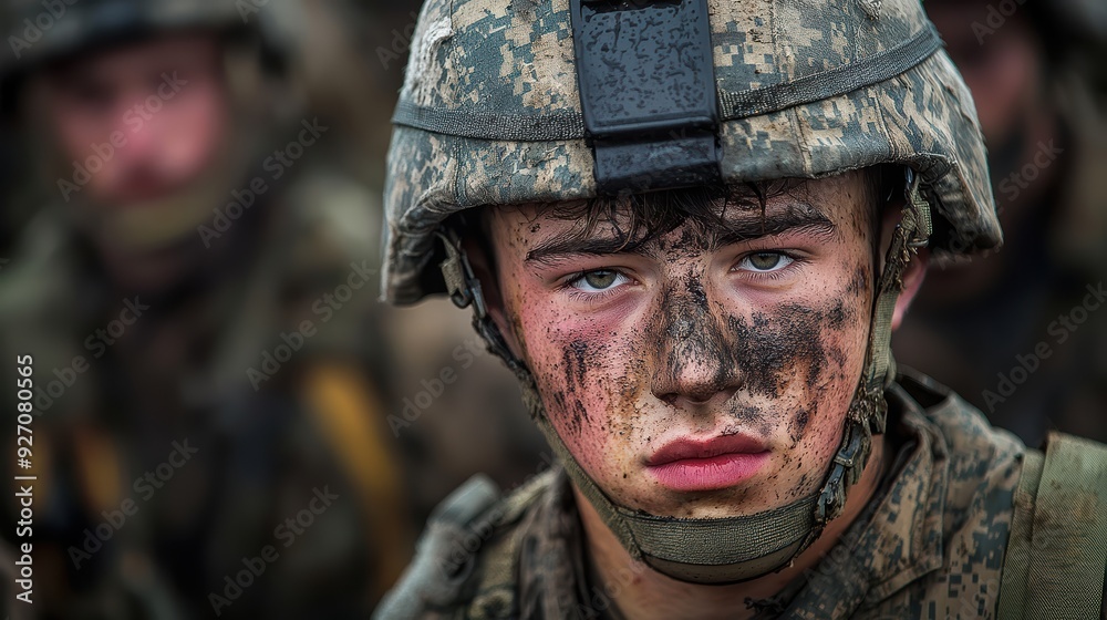 A young soldier with serious expression, showing determination and resilience, covered in dirt and camouflage paint. A young soldier with serious expression, showing determination and resilience, covered in dirt and camouflage paint.