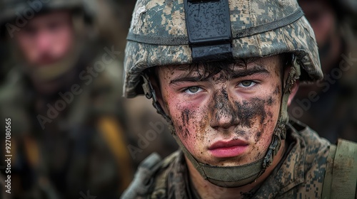 A young soldier with serious expression, showing determination and resilience, covered in dirt and camouflage paint. 
