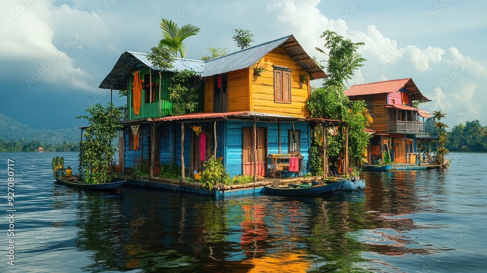 Fototapeta premium Colorful Floating Houses on a Tranquil Lake