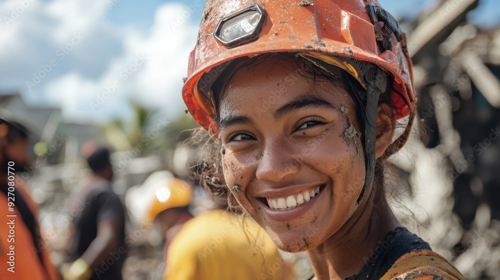 A smiling young woman wearing hard hat, covered in mud, exudes joy and determination while working in challenging environment. A smiling young woman wearing hard hat, covered in mud, exudes joy and determination while working in challenging environment.