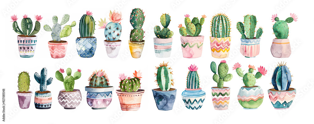 Cute boho watercolor illustration featuring a collection set of potted cactus,cacti plants in isolate white background,Each pot is uniquely designed Cute boho watercolor illustration featuring a collection set of potted cactus,cacti plants in isolate white background,Each pot is uniquely designed