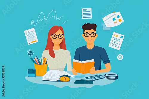 A man and a woman are sitting at a desk with a book in front of them