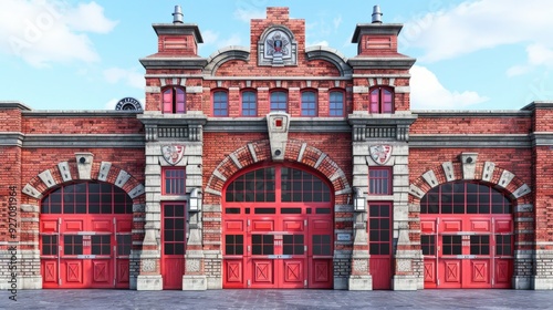 Photorealistic Front View of a Fire Station: Detailed Imagery of Modern Emergency Services Building
