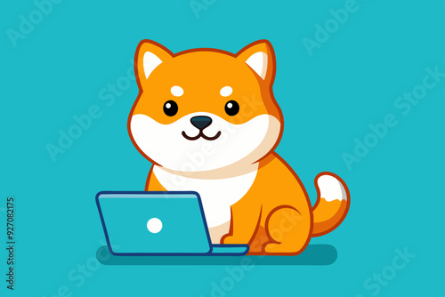  Cute shiba inu dog working on laptop cartoon vector art illustration