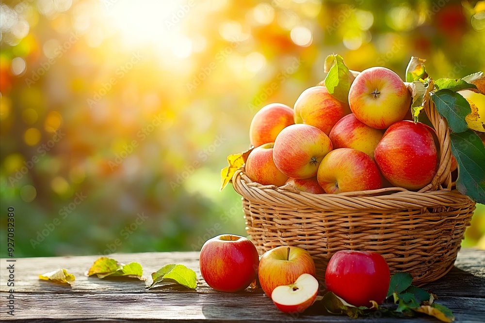 A basket full of apples sitting on top of a wooden table A basket full of apples sitting on top of a wooden table