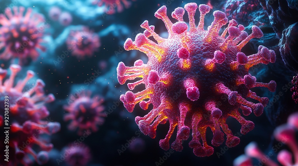 A close up of a red coronavirus in the ocean A close up of a red coronavirus in the ocean
