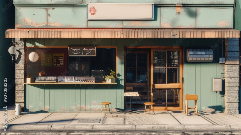 Cozy Café Ambiance: Photorealistic Front View of a Warm Afternoon Setting Cozy Café Ambiance: Photorealistic Front View of a Warm Afternoon Setting