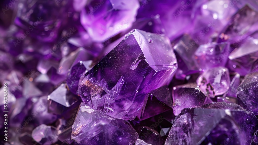 A close-up image captures the intricate details of a cluster of amethyst crystals. The vibrant purple hues of the gemstones create a mesmerizing and beautiful display, highlighting the natural beauty A close-up image captures the intricate details of a cluster of amethyst crystals. The vibrant purple hues of the gemstones create a mesmerizing and beautiful display, highlighting the natural beauty