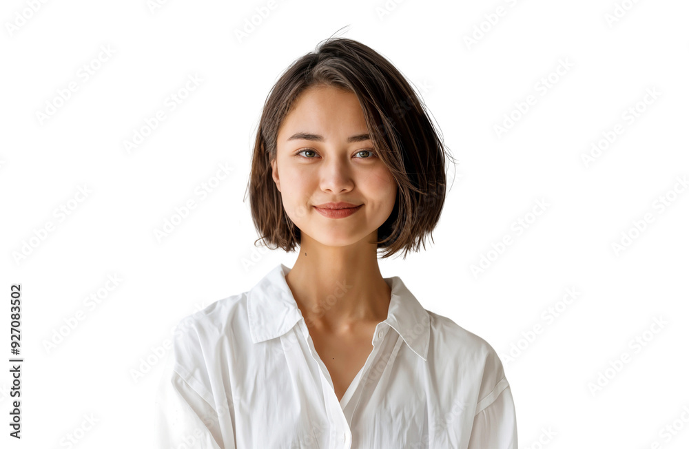 Portrait of a beautiful Japanese woman smiling with short hair style, isolated on transparent background Portrait of a beautiful Japanese woman smiling with short hair style, isolated on transparent background