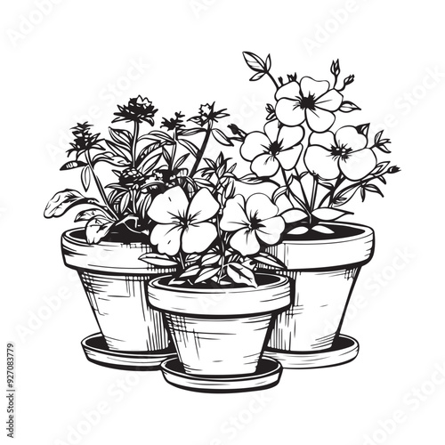 Flower Pot Vectors and Illustrations. Flowers in pot in black and white Stock Vector Image