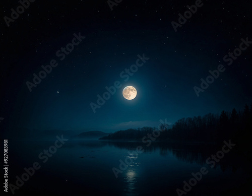 a full moon is seen over a lake at serene night scene of sharad purnima