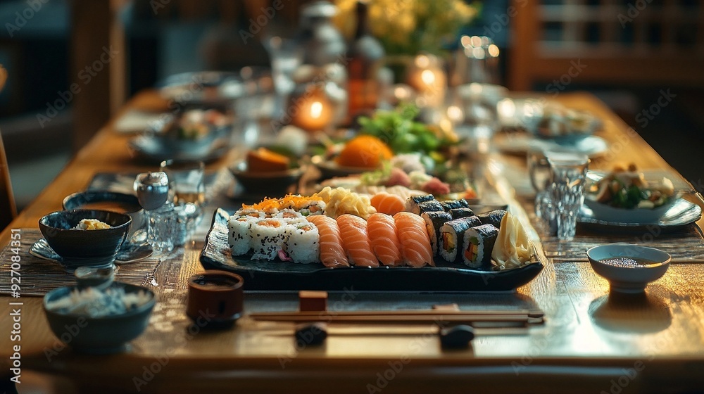 Traditional Elegance Sushi Platters Set on a Stylish Dining Table Traditional Elegance Sushi Platters Set on a Stylish Dining Table