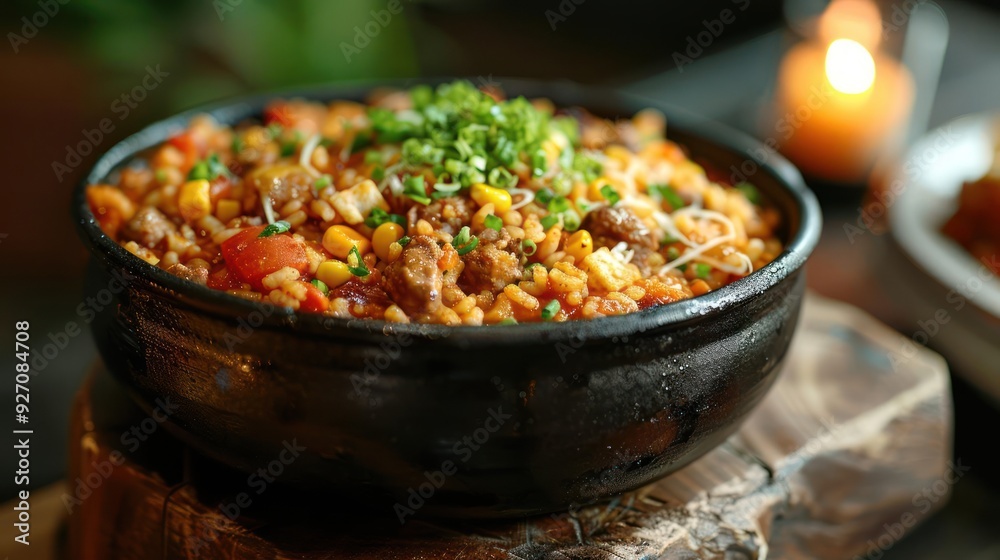 Delicious beef stew in a large ramekin bowl, served with an assortment of vegetables and herbs, Delicious beef stew in a large ramekin bowl, served with an assortment of vegetables and herbs,