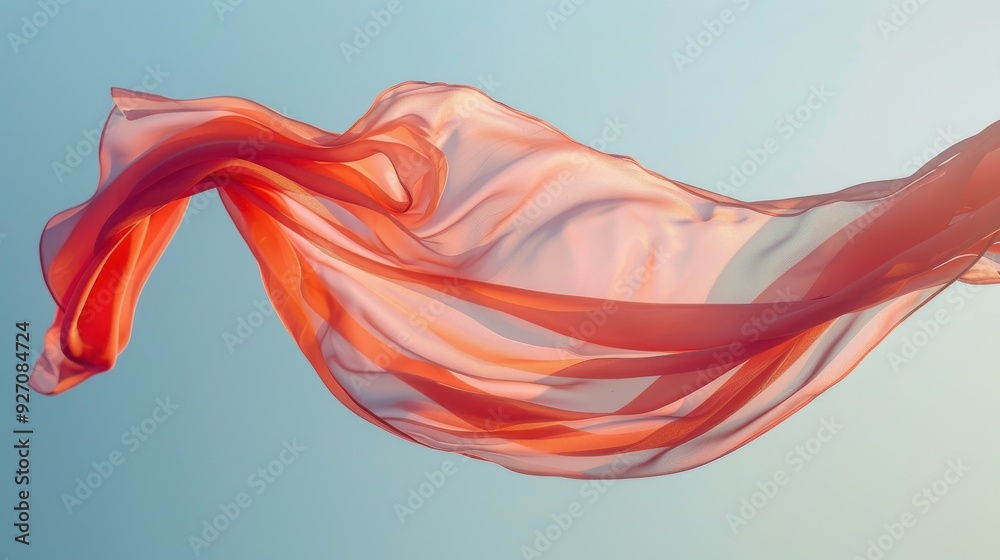 Obraz premium An orange fabric is flowing gently in the wind against a clear blue sky. Sunlight shines through the fabric, casting a warm glow on the scene.