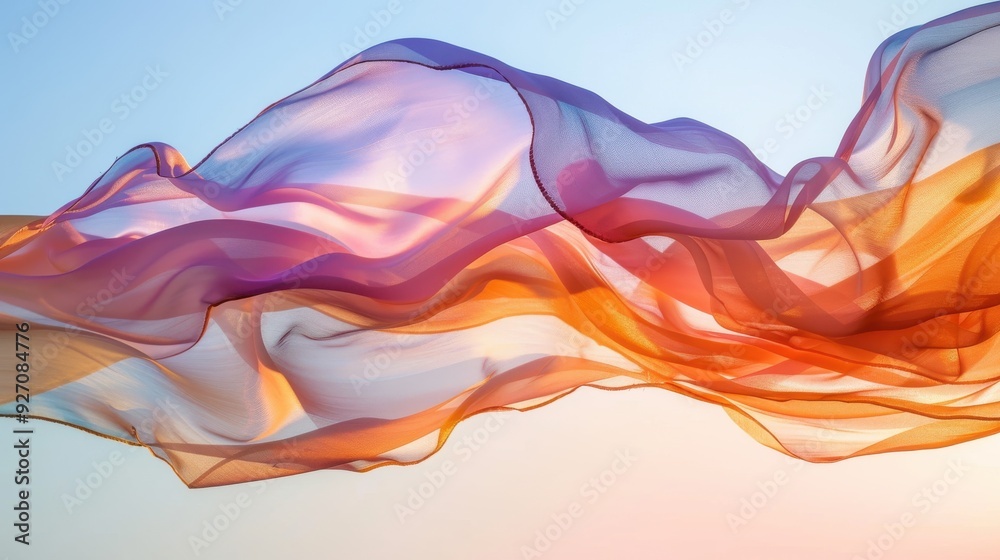 A sheer orange fabric with hints of purple and pink flows gently in the wind against a backdrop of a clear blue sky. The fabric is light and airy, creating a sense of movement and freedom.