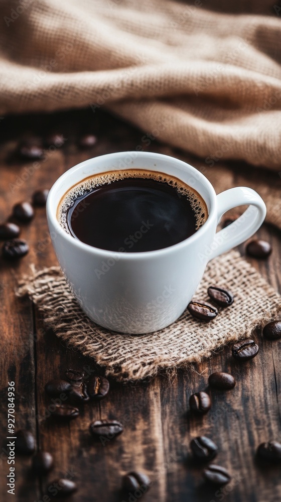 Cup of coffee with scattered coffee beans on rustic wooden table Cup of coffee with scattered coffee beans on rustic wooden table