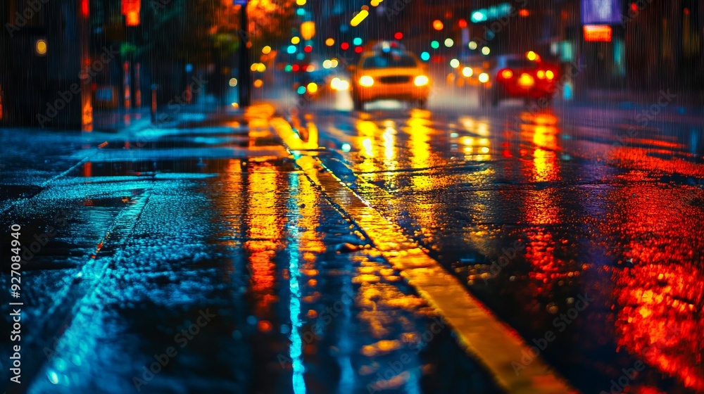 Naklejka premium A wet city street at night with cars driving on it