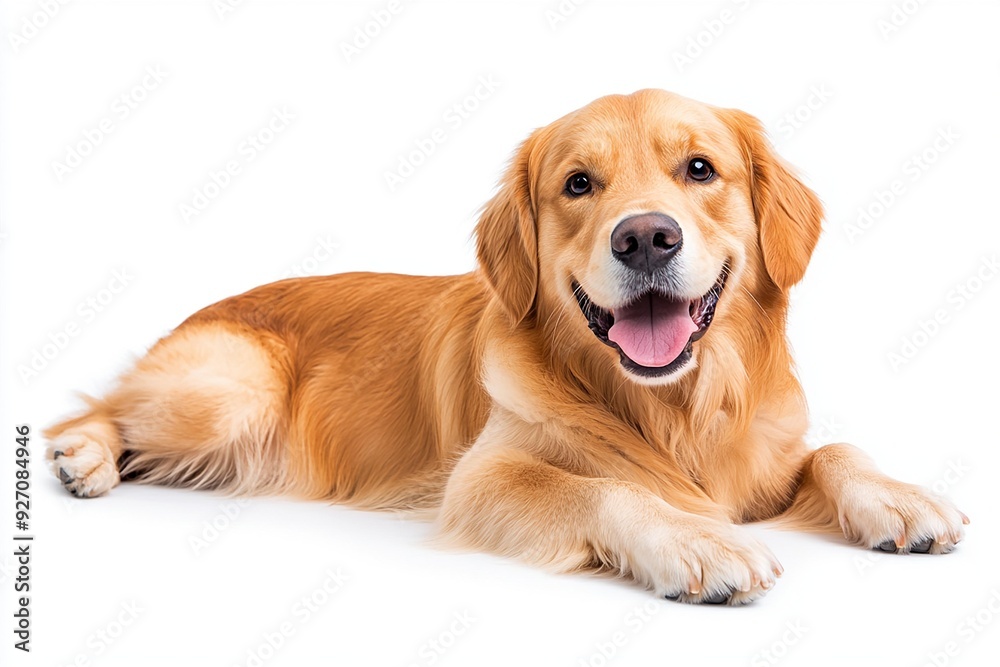A cheerful golden retriever lying down, showcasing its friendly nature and beautiful golden fur in a bright and clean environment. A cheerful golden retriever lying down, showcasing its friendly nature and beautiful golden fur in a bright and clean environment.