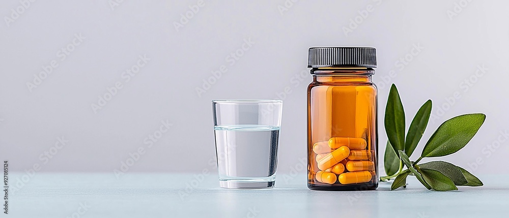 A soothing arrangement of a water glass and an amber pill bottle beside green leaves, symbolizing health and wellness. A soothing arrangement of a water glass and an amber pill bottle beside green leaves, symbolizing health and wellness.