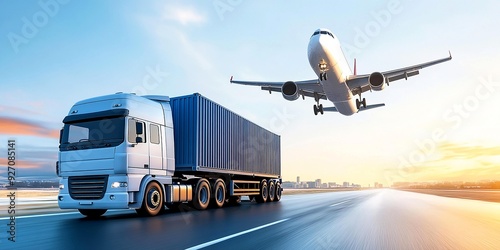 A truck transporting cargo on a highway under a clear sky with an airplane taking off in the background, symbolizing logistics.