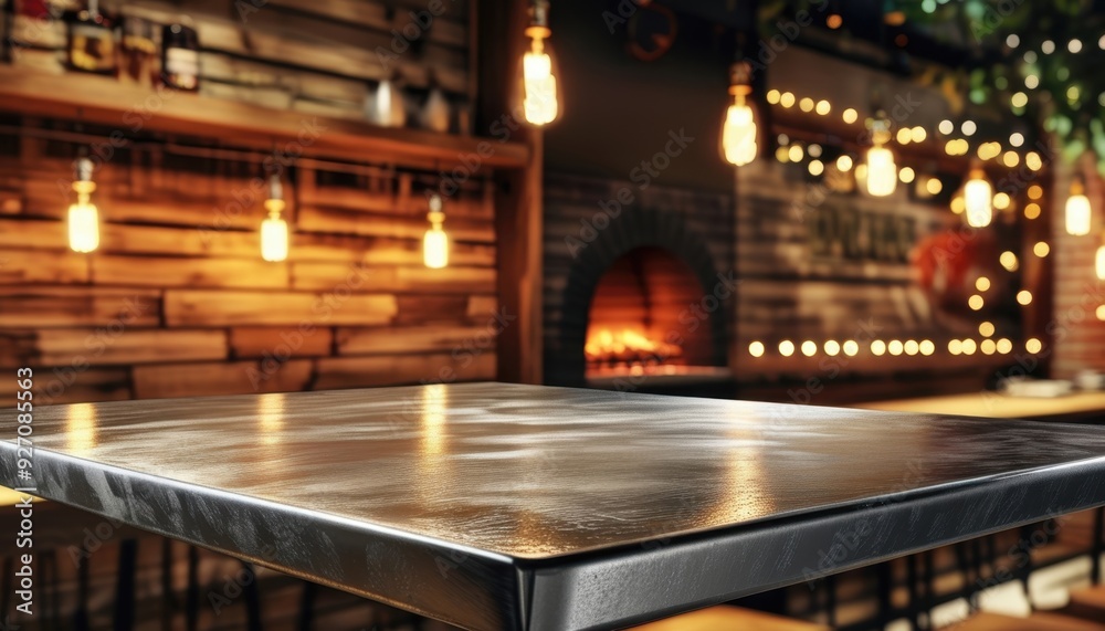 Rustic Dining Space with Warm Lighting, a polished metal table reflects a cozy ambiance featuring wooden walls, glowing bulbs, and a welcoming fireplace backdrop. Rustic Dining Space with Warm Lighting, a polished metal table reflects a cozy ambiance featuring wooden walls, glowing bulbs, and a welcoming fireplace backdrop.