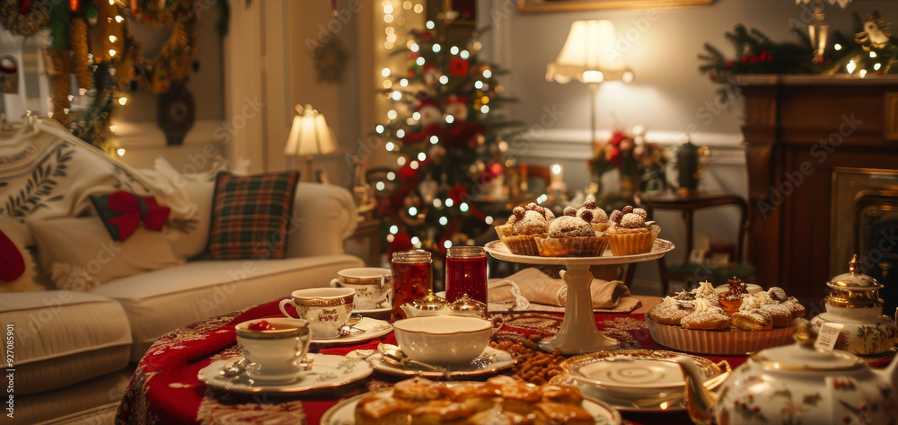 Cozy Christmas Living Room with Tea Party Setup and Holiday Themed Pastries for Festive Gatherings Cozy Christmas Living Room with Tea Party Setup and Holiday Themed Pastries for Festive Gatherings