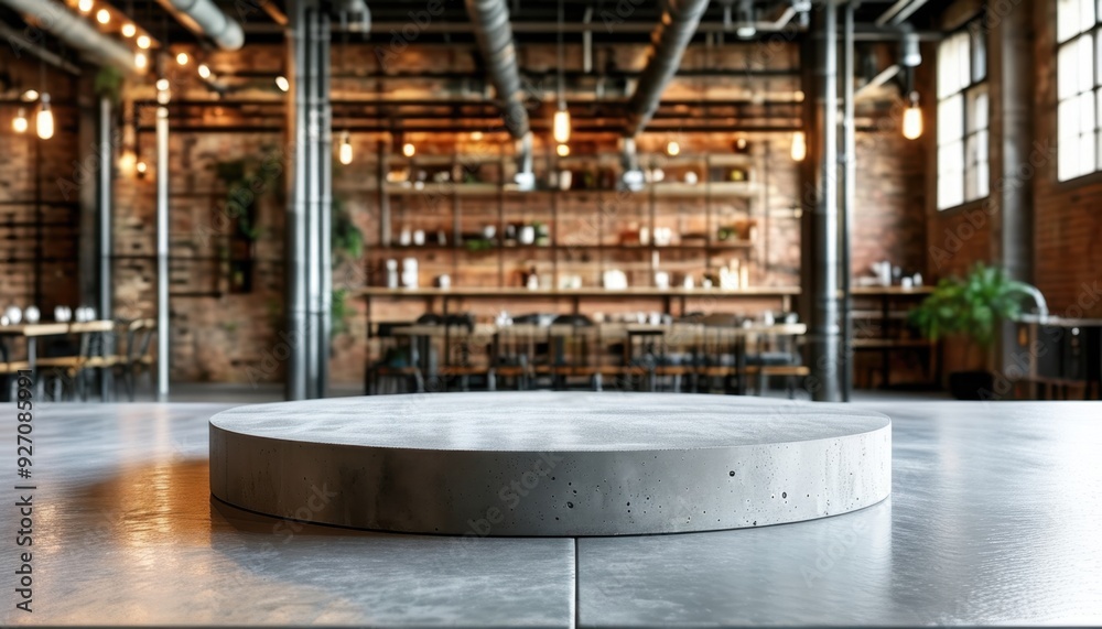 Modern industrial dining space featuring a polished concrete table, brick walls, warm lighting, and a backdrop of stylish seating and greenery, creating a vibrant atmosphere. Modern industrial dining space featuring a polished concrete table, brick walls, warm lighting, and a backdrop of stylish seating and greenery, creating a vibrant atmosphere.