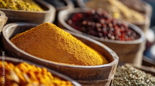 A close-up of Indian spices in a market, showcasing their rich colors and textures.