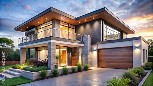 Modern home exterior with wood and stone accents at sunset.