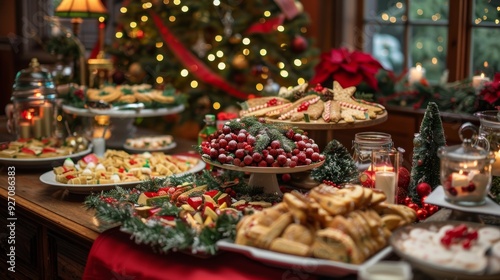 Festive Christmas Buffet with Holiday Foods and Decorations for a Holiday Party